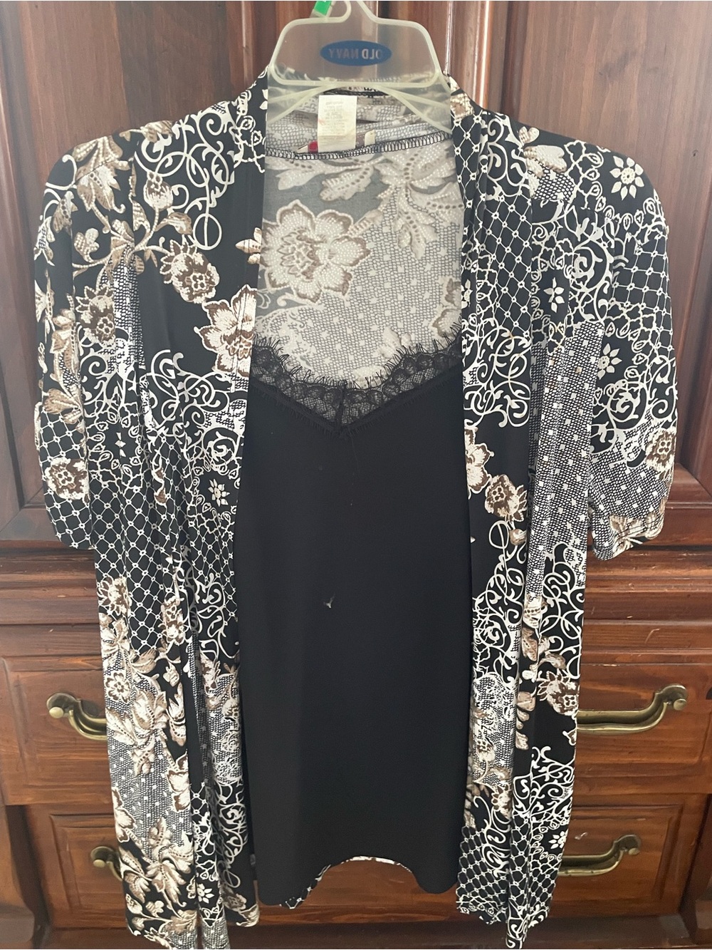 Black Lace-Trim Camisole with Black Floral Print Kimono